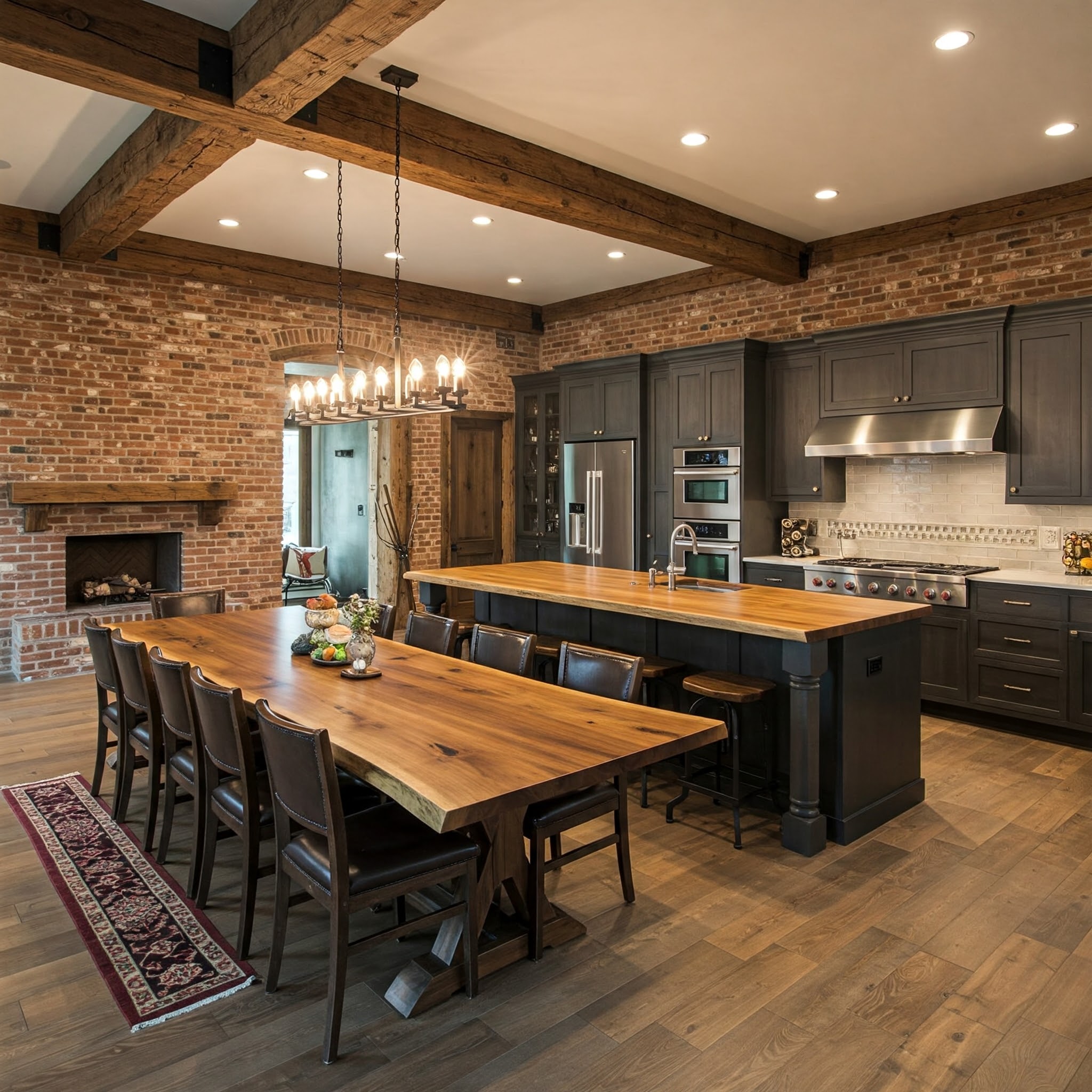 Luxury open-plan kitchen with exposed beams, charcoal cabinets, and a grand, rustic live edge dining table.