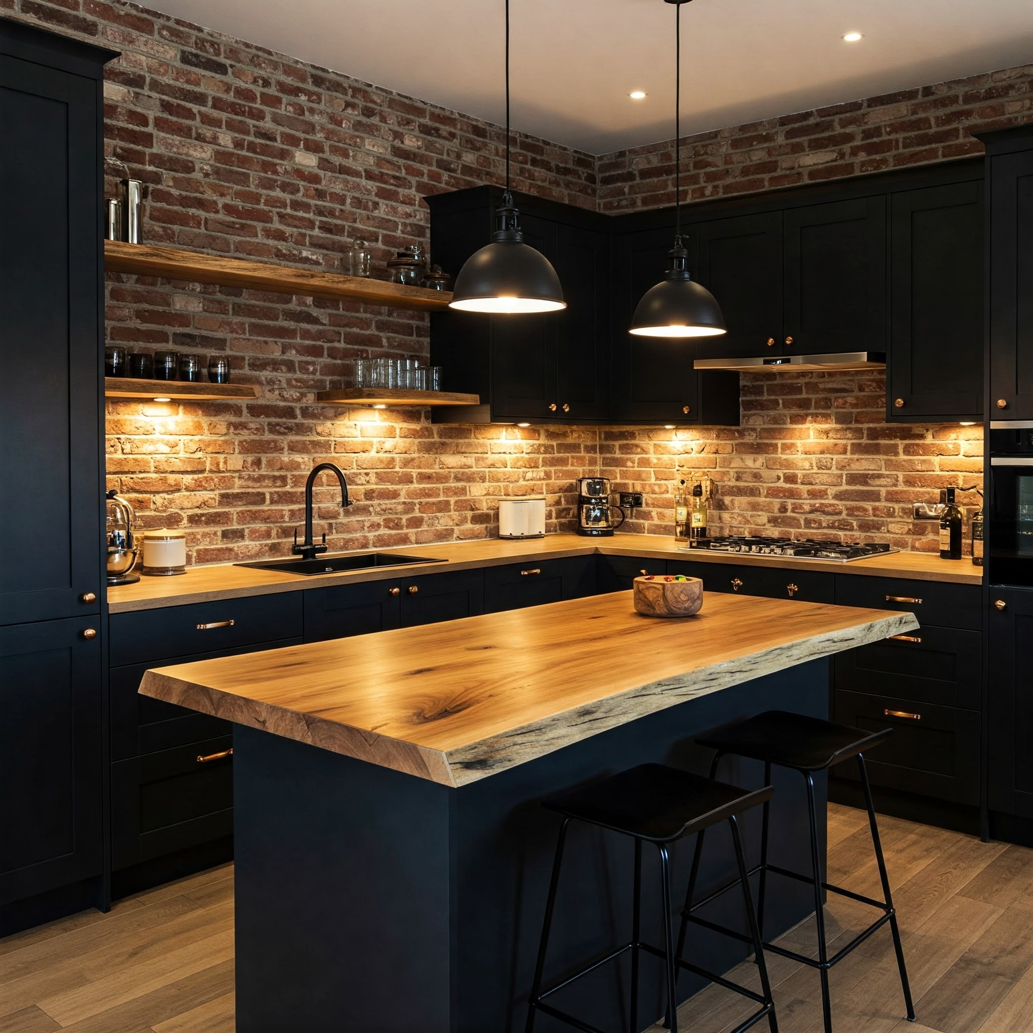 A handcrafted suar wood live edge island is the highlight of this industrial kitchen with exposed brick walls.
