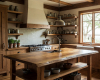 Artisanal luxury kitchen with natural wood cabinets, open shelving, and a rough-hewn live edge island worktop.