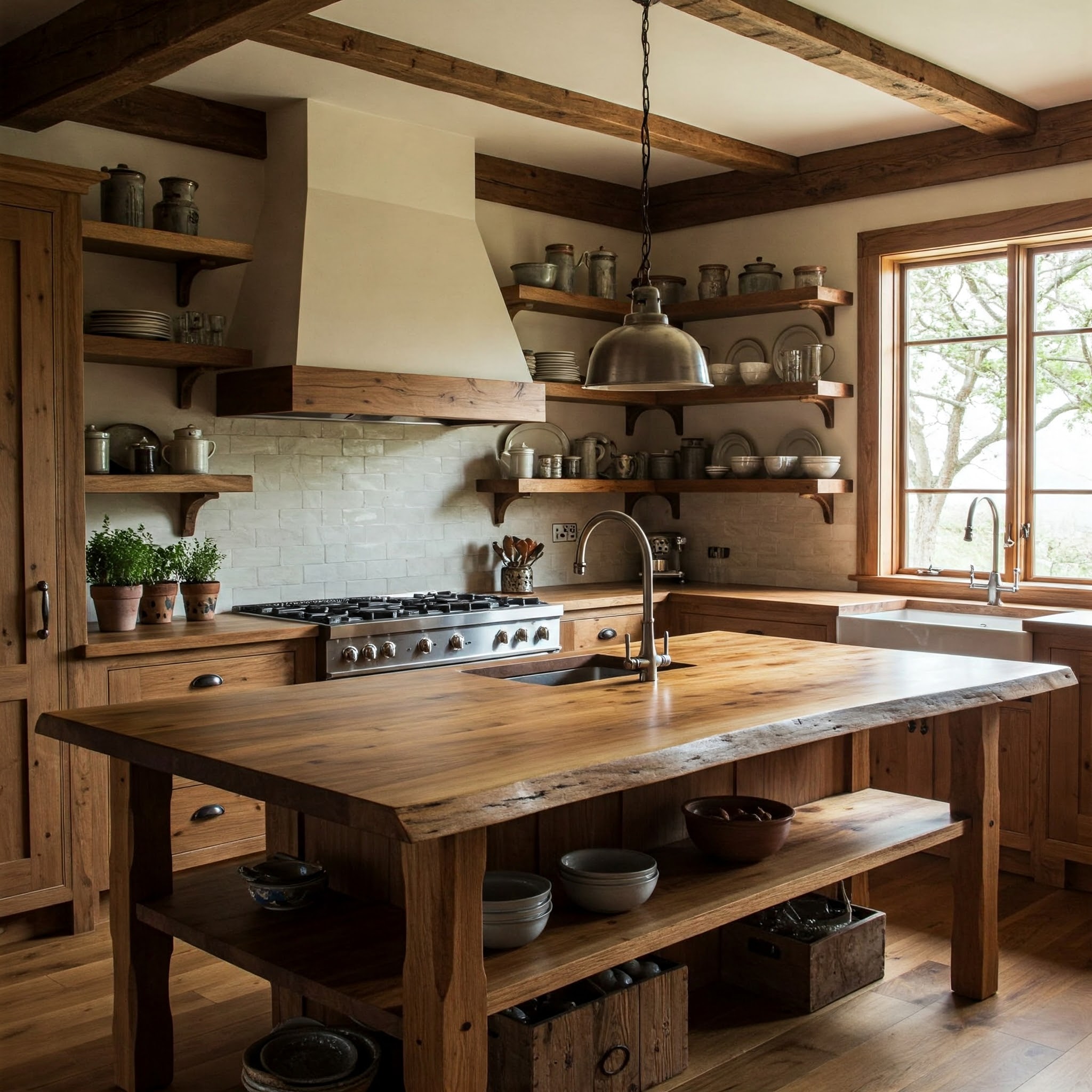Artisanal luxury kitchen with natural wood cabinets, open shelving, and a rough-hewn live edge island worktop.