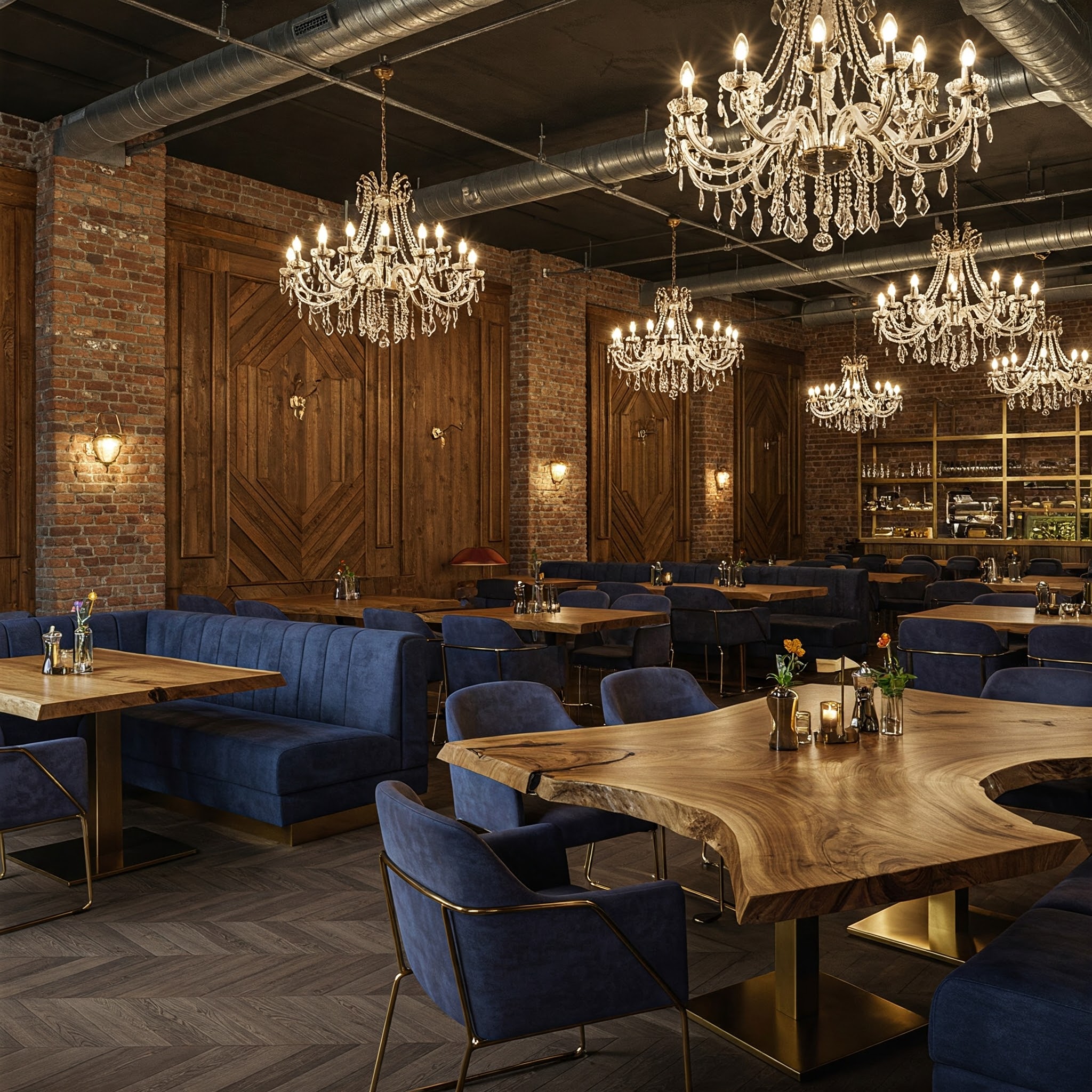 An ultra-luxury boutique restaurant's atmosphere is set by its freeform live edge tables and wood paneling.