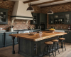 Luxury rustic-industrial kitchen with exposed brick, charcoal shaker cabinets, and a thick live edge island.
