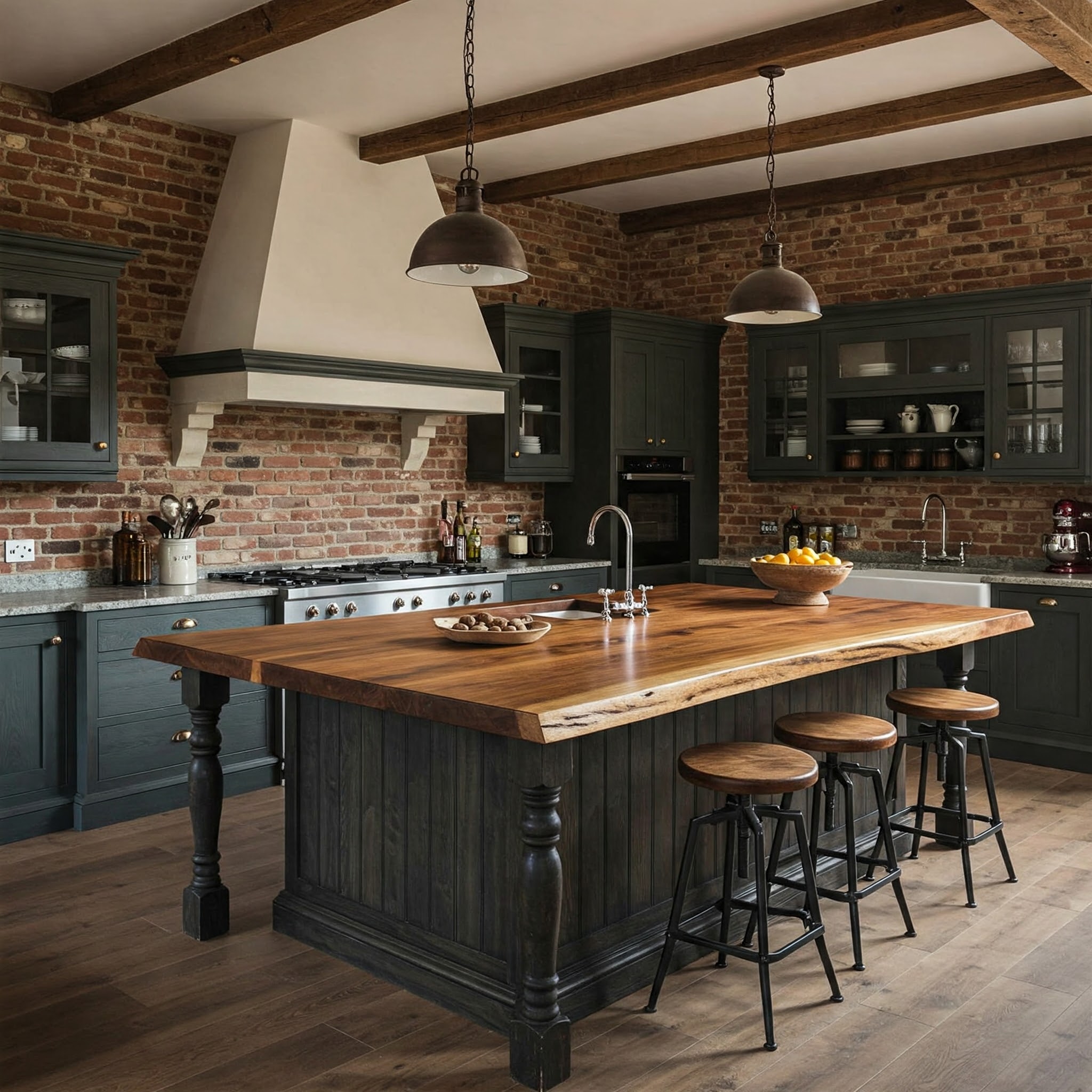 Luxury rustic-industrial kitchen with exposed brick, charcoal shaker cabinets, and a thick live edge island.