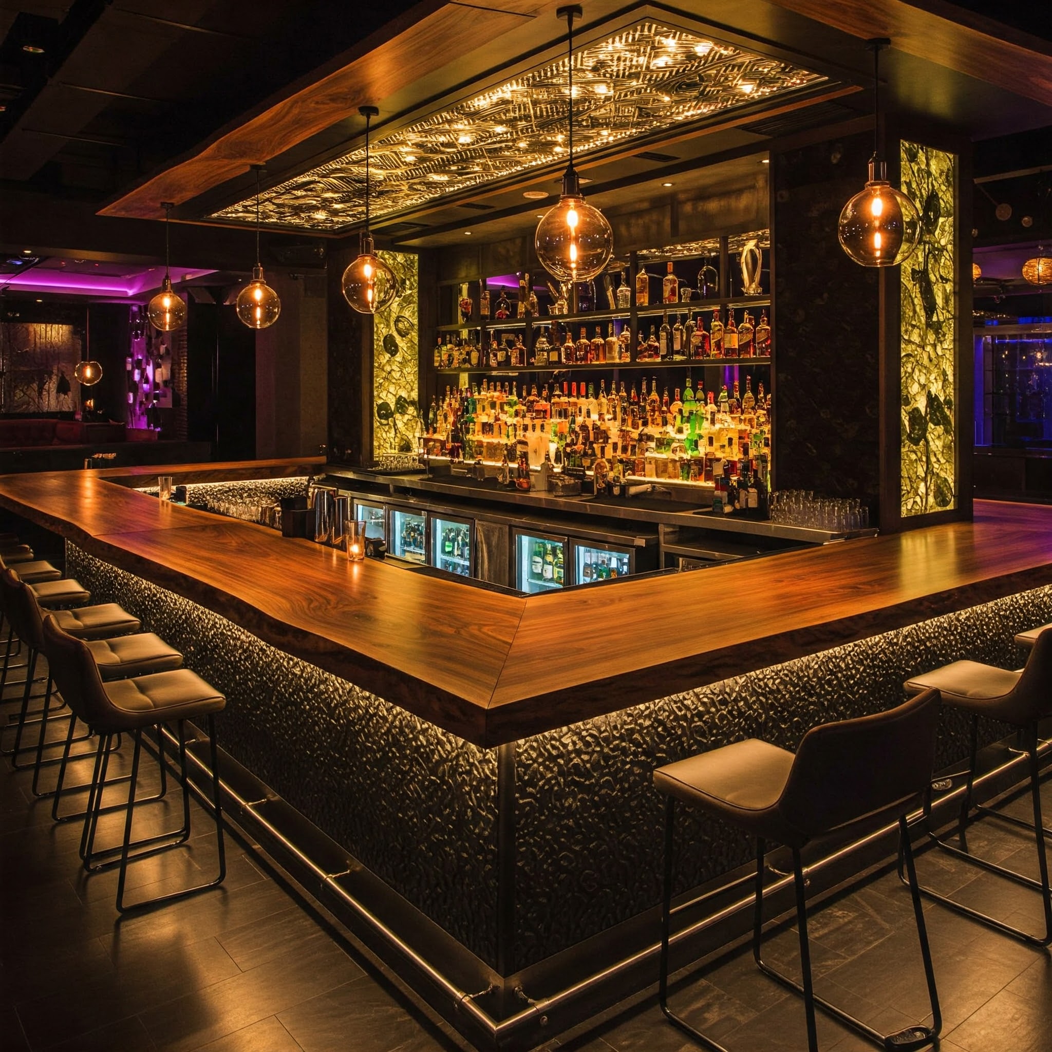 A custom-made, straight-edged wood bar with a warm, polished grain, creating an anchor in this upscale lounge bar.