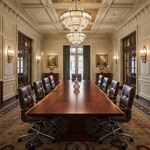 An ultra-luxury, 10-seater boardroom tabletop with a bookmatch join that creates a perfect, mirror-image wood grain.