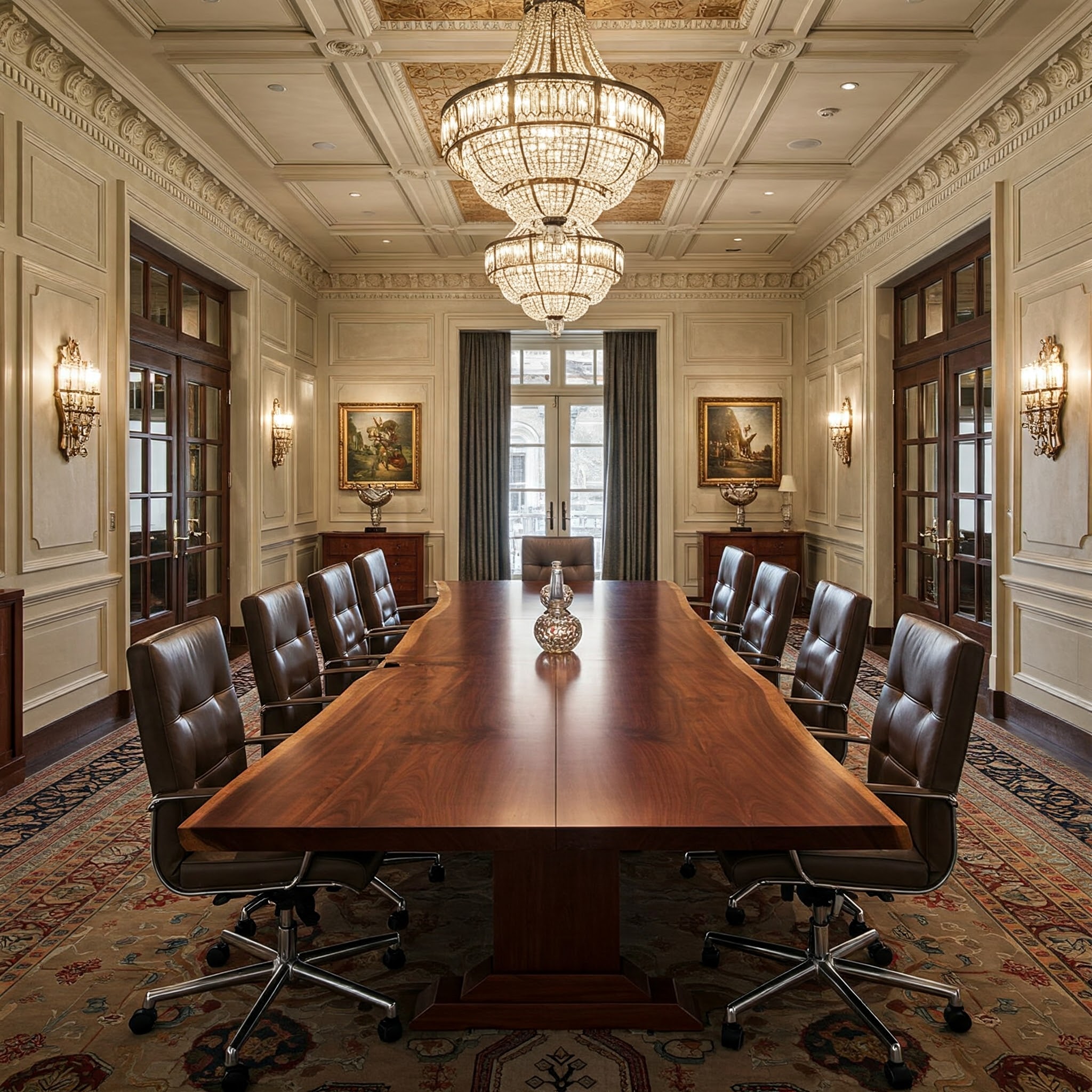 An ultra-luxury, 10-seater boardroom tabletop with a bookmatch join that creates a perfect, mirror-image wood grain.