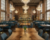 A luxury industrial-luxe restaurant featuring unique, freeform live edge tables, a grand bar, and chandeliers.