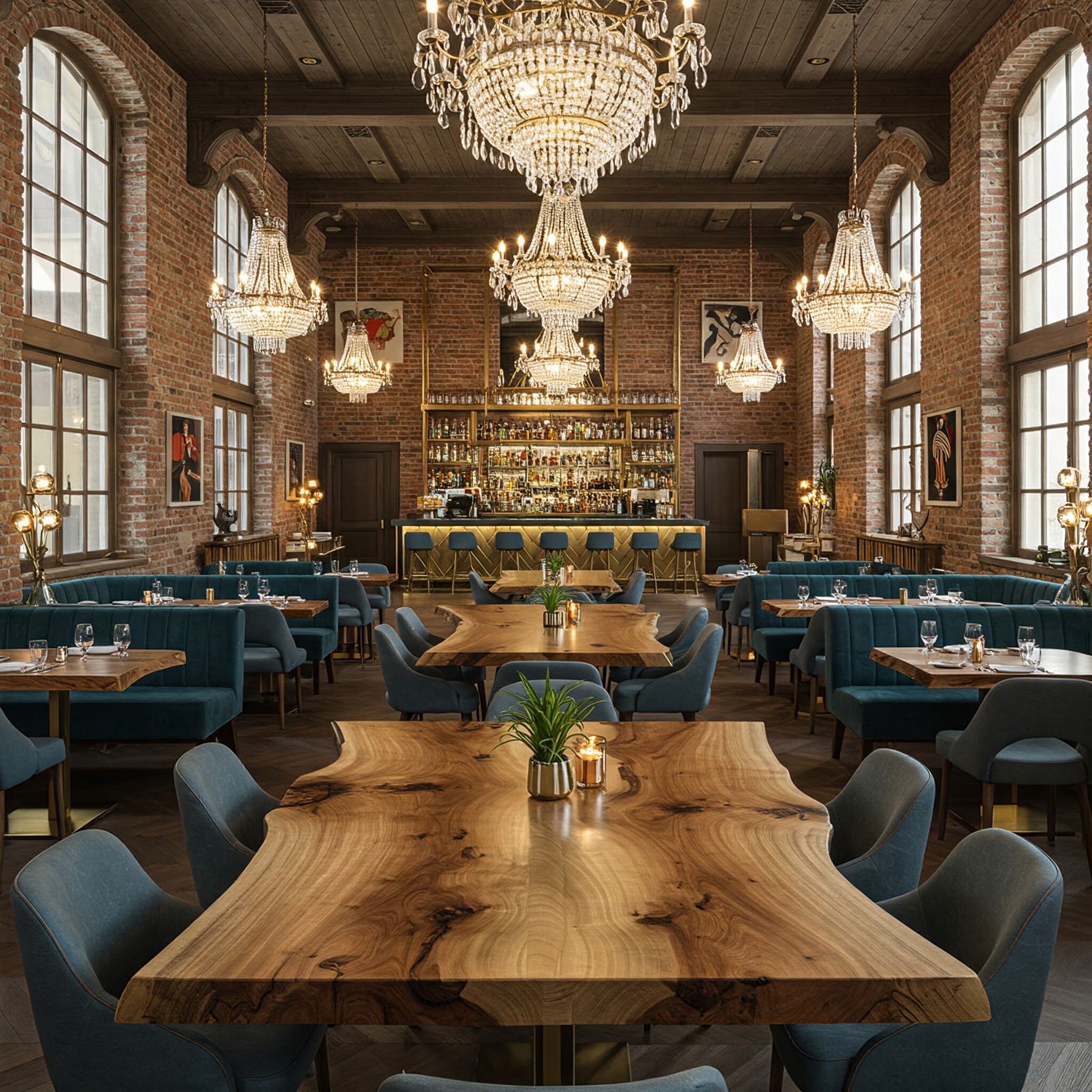 A luxury industrial-luxe restaurant featuring unique, freeform live edge tables, a grand bar, and chandeliers.