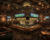 An ultra-luxury, multi-level sports pub featuring a giant, square island bar and solid wood tables.