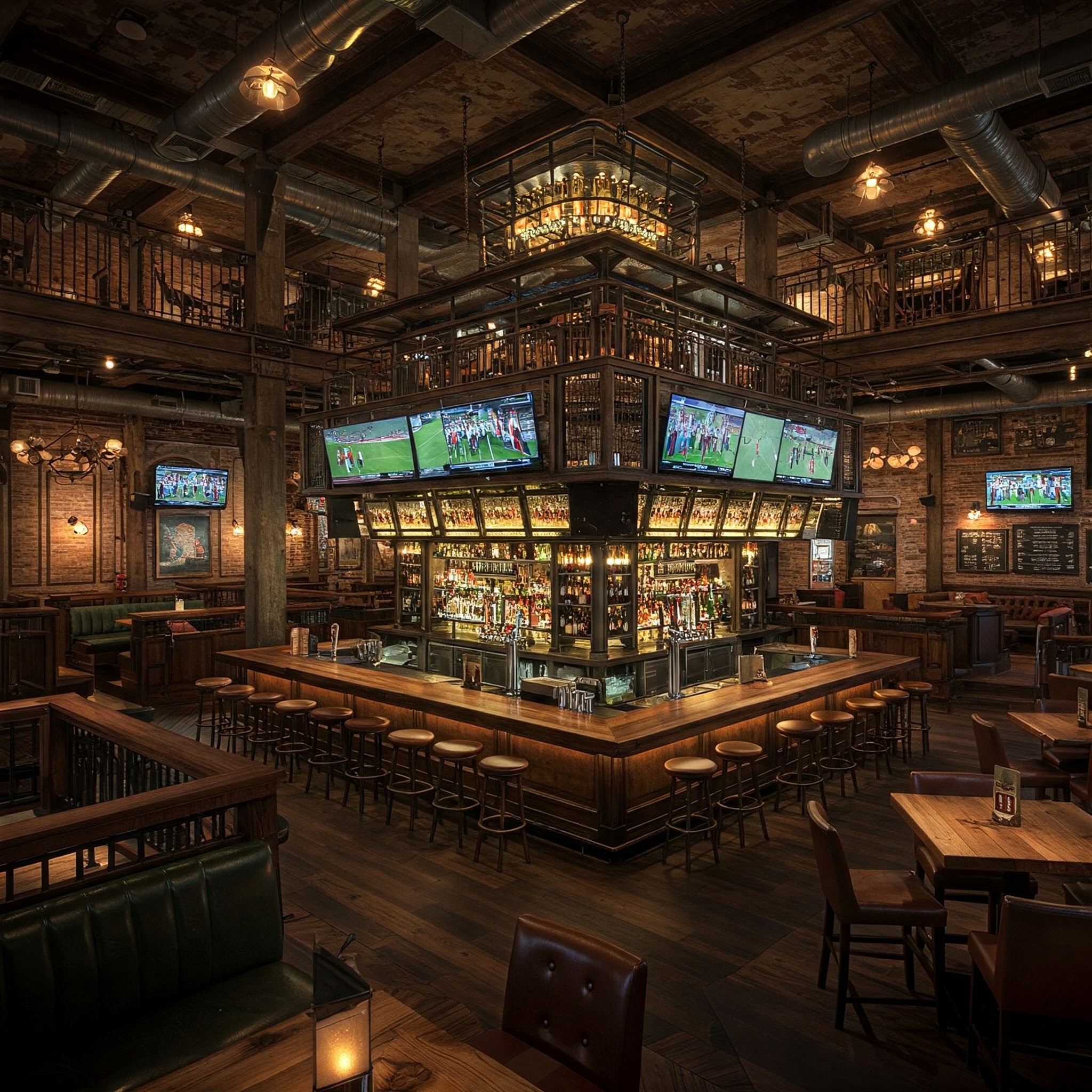 An ultra-luxury, multi-level sports pub featuring a giant, square island bar and solid wood tables.