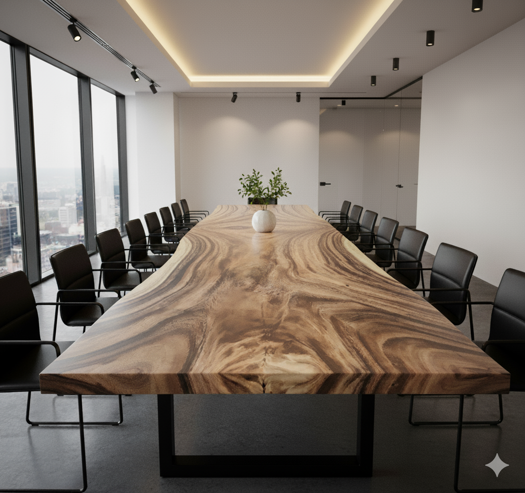 A monstrous, 18-seater live edge boardroom tabletop, featuring a wild, untamed tiger-stripe grain on a giant slab.