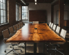 A 14-seater unicorn masterpiece boardroom tabletop with a satin finish over a perfect, mirror-image bookmatched grain.