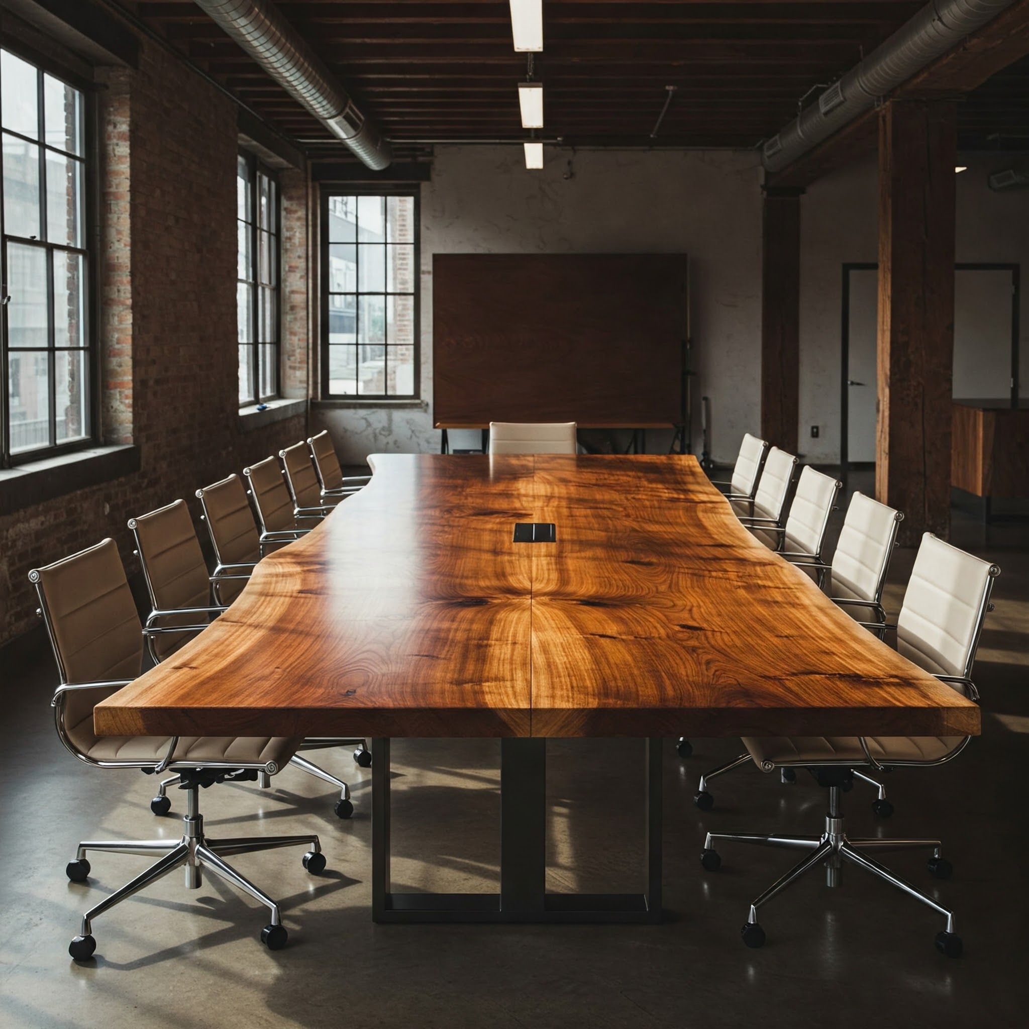 A 14-seater unicorn masterpiece boardroom tabletop with a satin finish over a perfect, mirror-image bookmatched grain.
