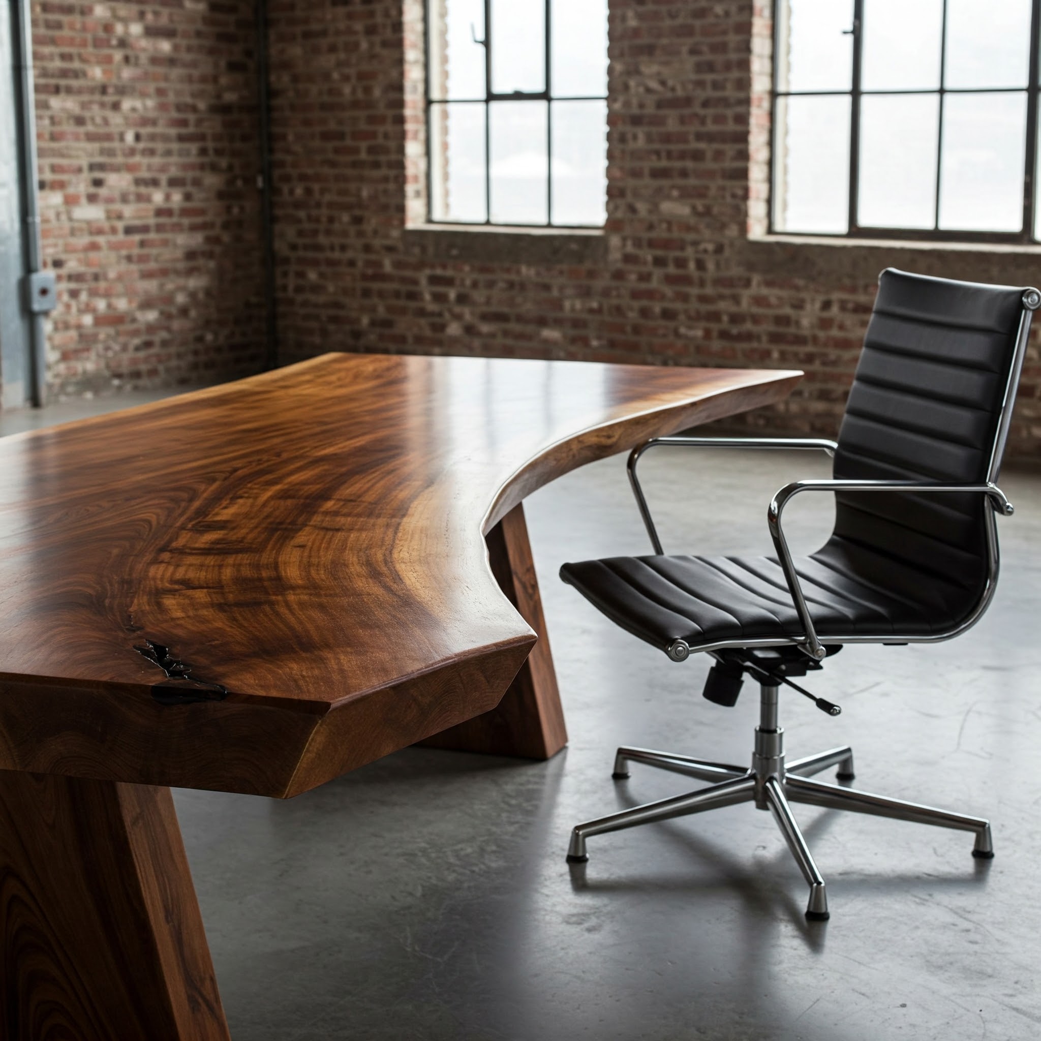 A luxury modern office's focus is a unique, custom-shaped live edge desk with a beautiful ergonomic curve.