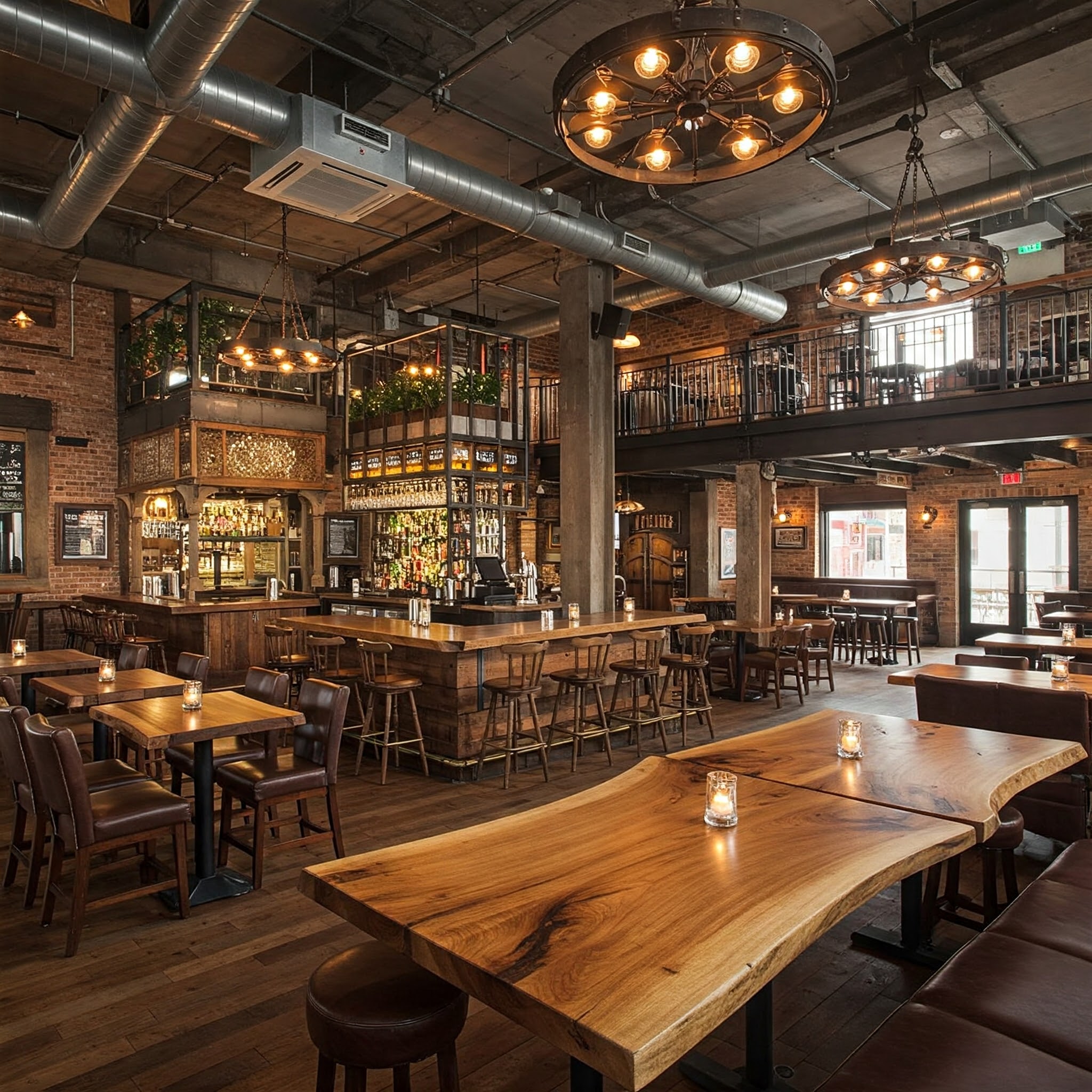 A unique, multi-level industrial pub, consistently furnished with bespoke live edge suar wood bar and tables.
