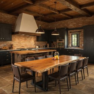 A 10-seater dining tabletop with a rich, amber-toned ‘lava grain’ that swirls as if from a molten core, framed by a gentle live edge.