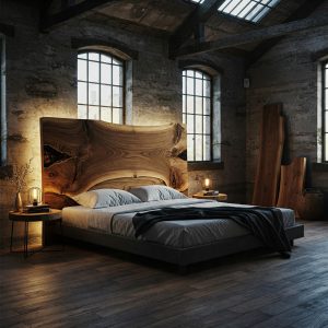 A masterpiece live edge bed featuring a suar wood headboard with a perfect, mirror-image bookmatched grain.