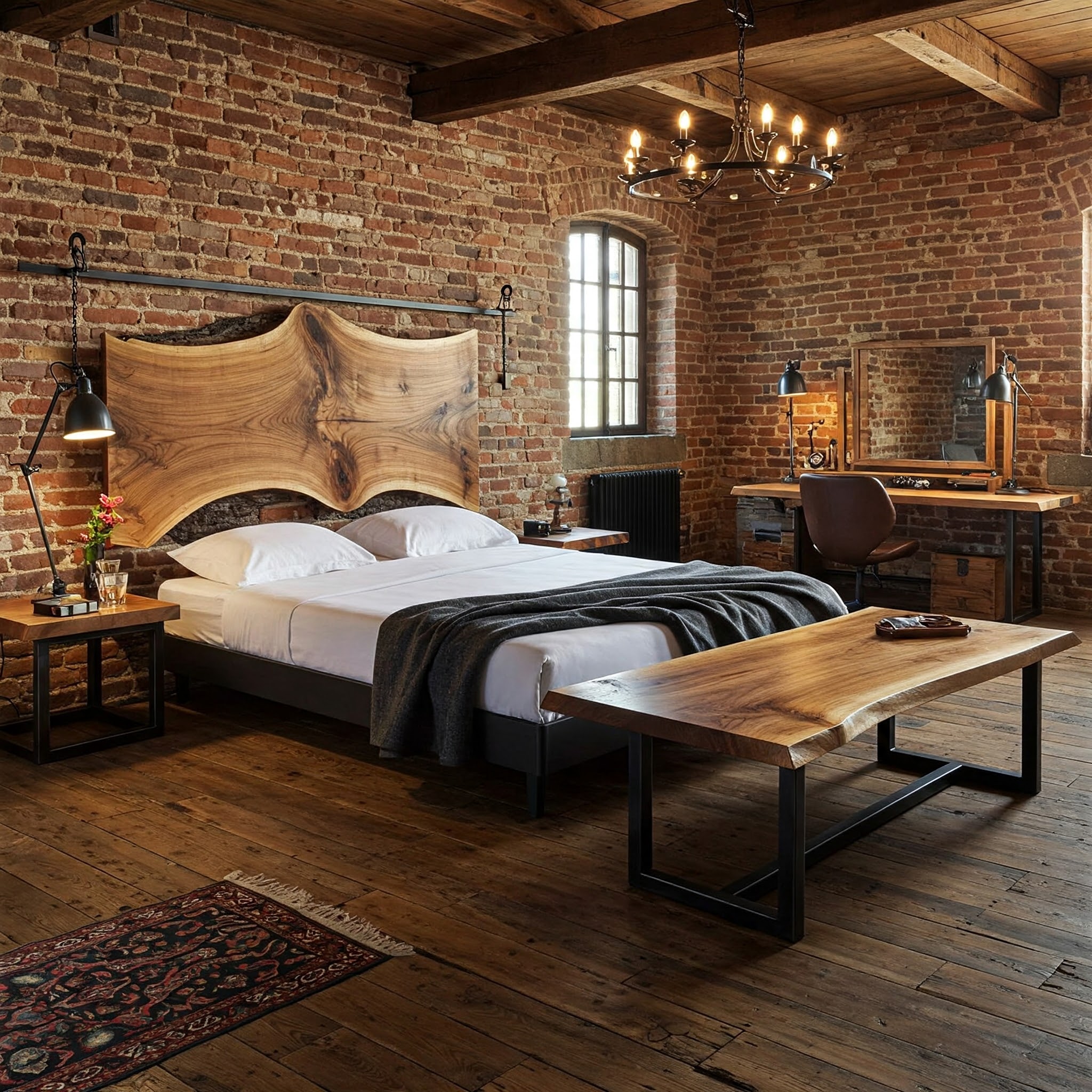 A handcrafted live edge suar wood bed featuring a unique, rail-mounted headboard in a luxury rustic bedroom.