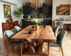 A 6-seater dining tabletop with a geological, rock-formation live edge and a swirling, canyon-like grain pattern in the wood.