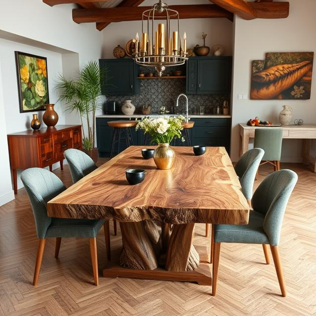 A 6-seater dining tabletop with a geological, rock-formation live edge and a swirling, canyon-like grain pattern in the wood.