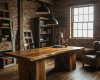 A grand, executive live edge desk with a thick, single-slab top, the centerpiece of a luxury rustic office.