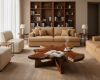 An organically shaped, single-slab table with a fluid, multi-pointed silhouette and a deep, polished suar wood grain.