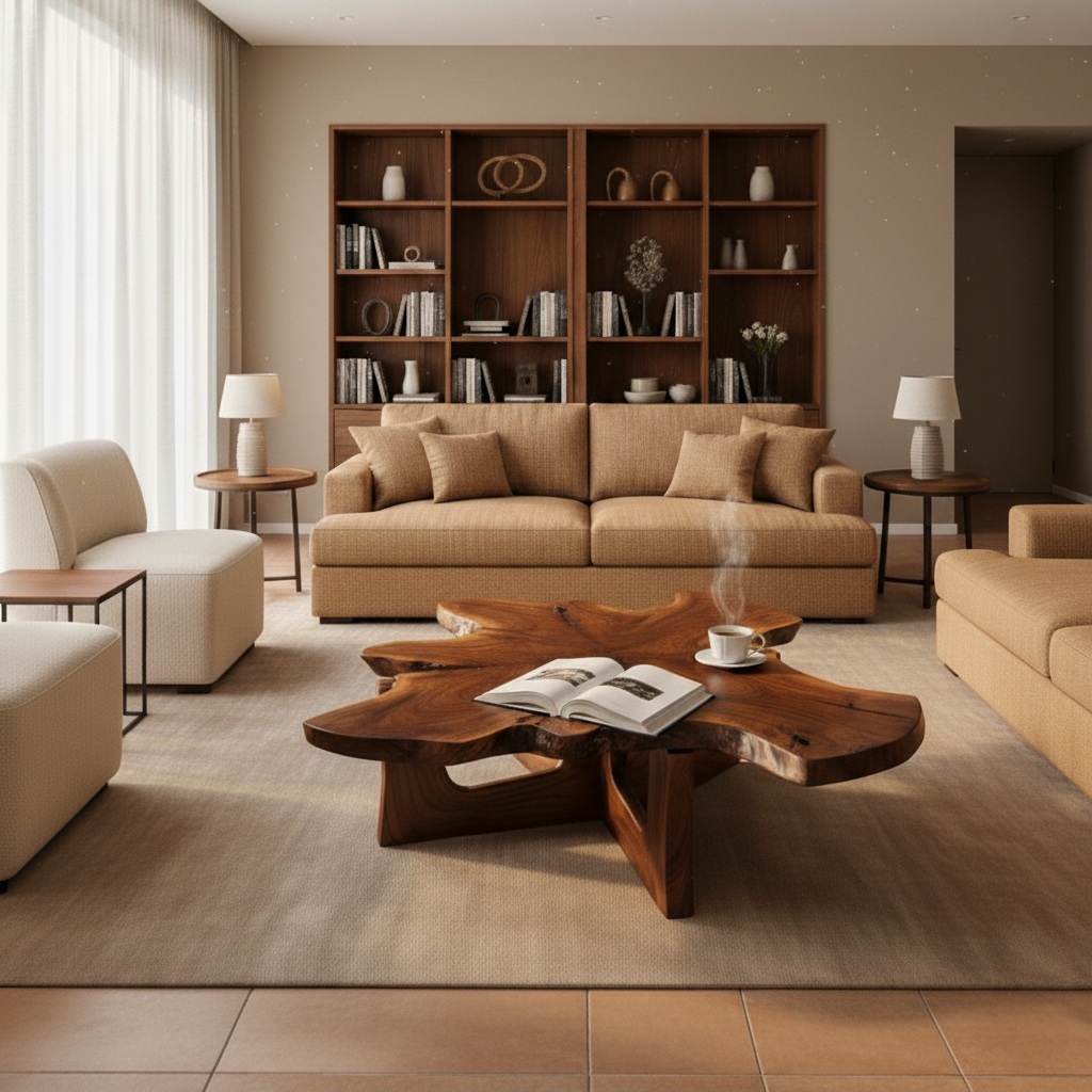An organically shaped, single-slab table with a fluid, multi-pointed silhouette and a deep, polished suar wood grain.