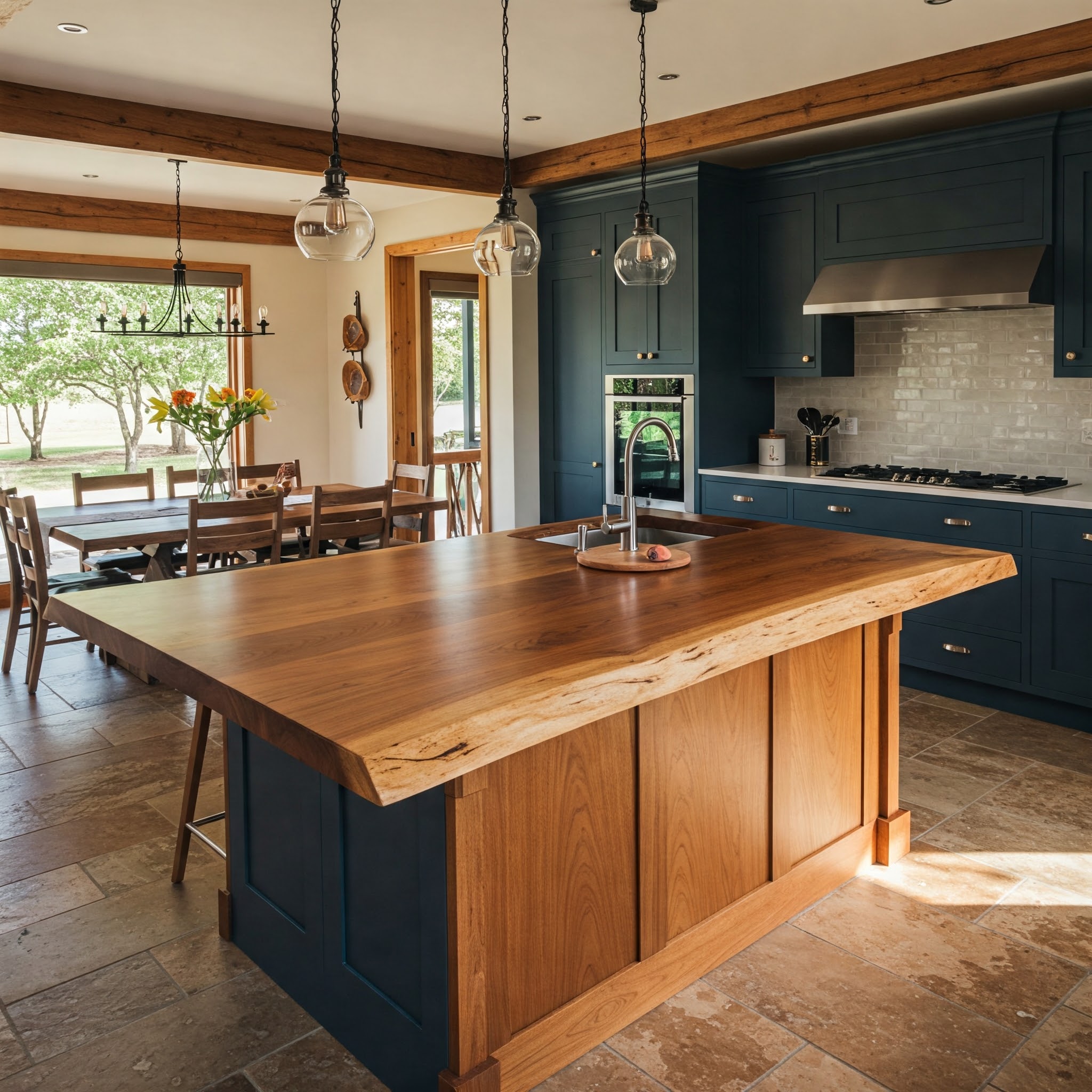 Bespoke live edge breakfast bar with a thick, single-slab worktop, set within a luxury kitchen with blue cabinets.