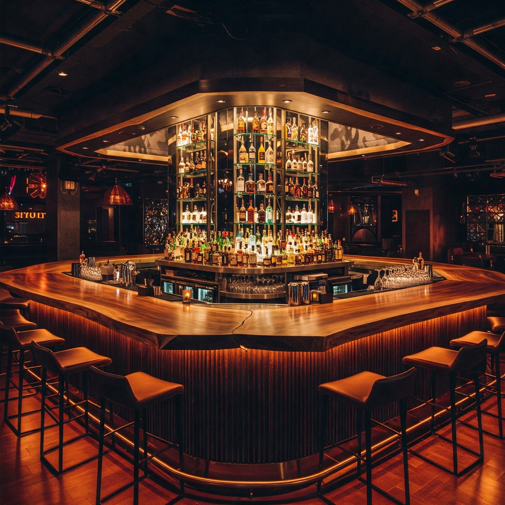 A luxury modern venue's centerpiece is a unique, hexagonal island bar with a subtle live edge suar wood top.