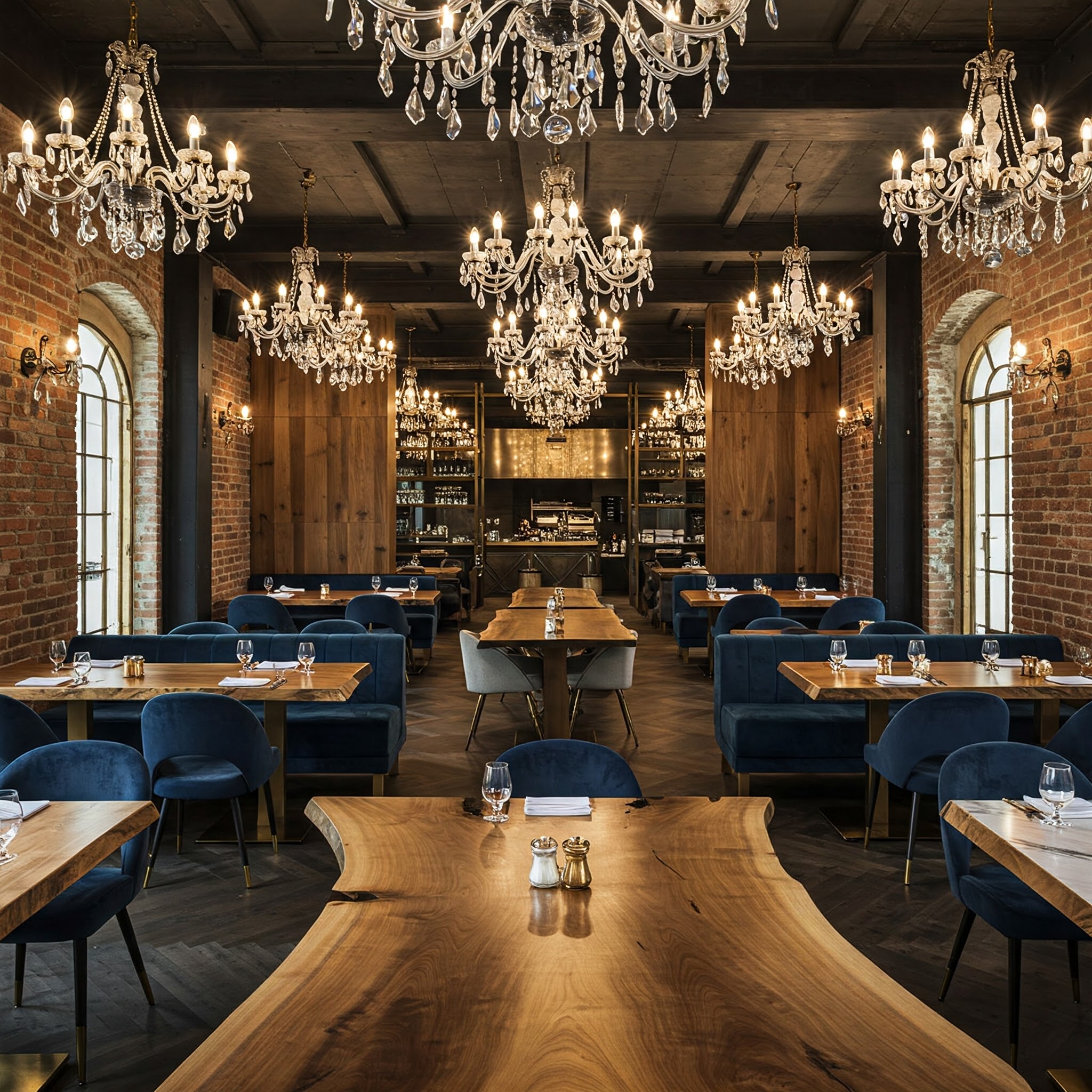 The opulent setting of a grand luxury restaurant, with bespoke live edge tables and blue velvet seating.