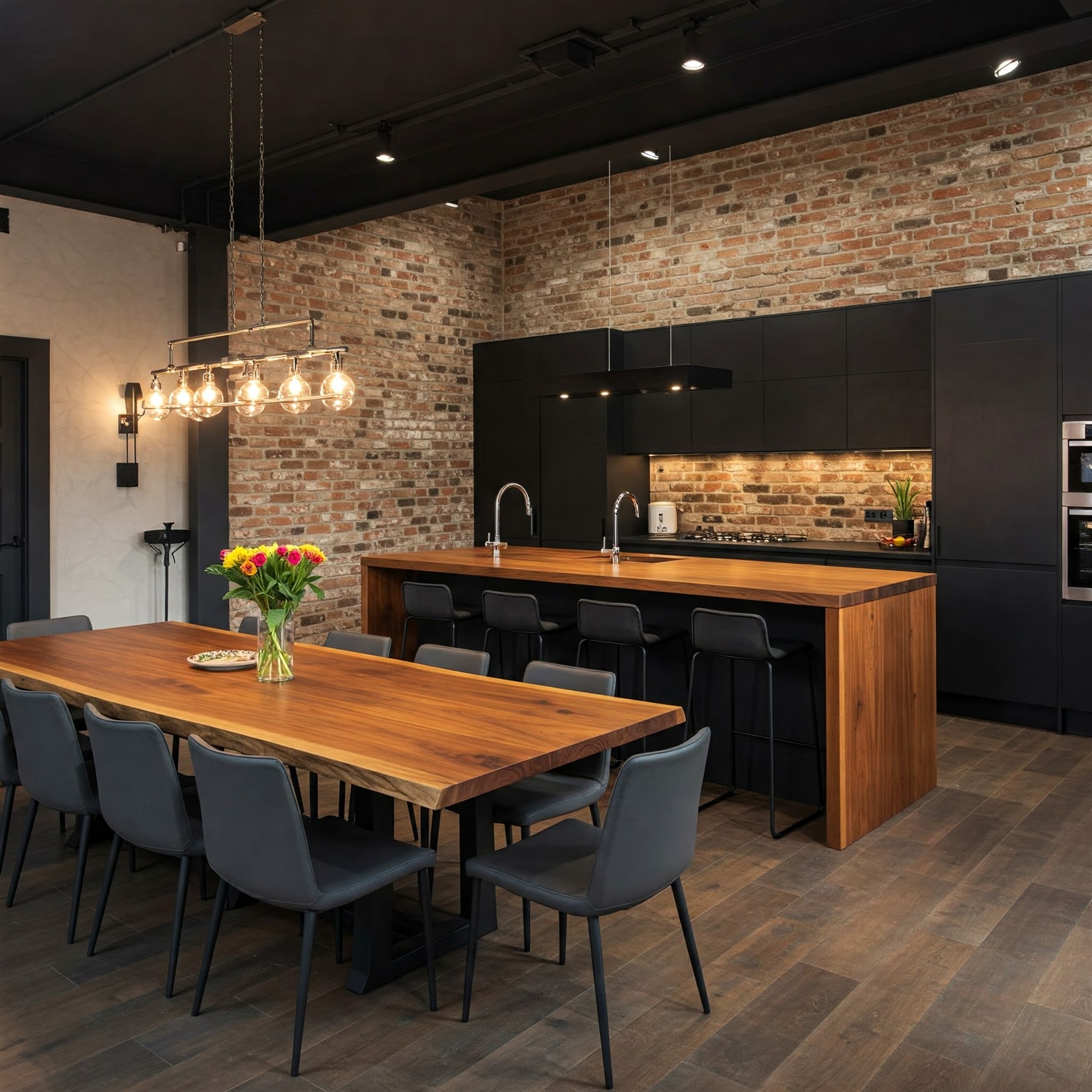 Luxury modern-industrial kitchen with black cabinets, a waterfall island, and a beautiful live edge dining table.