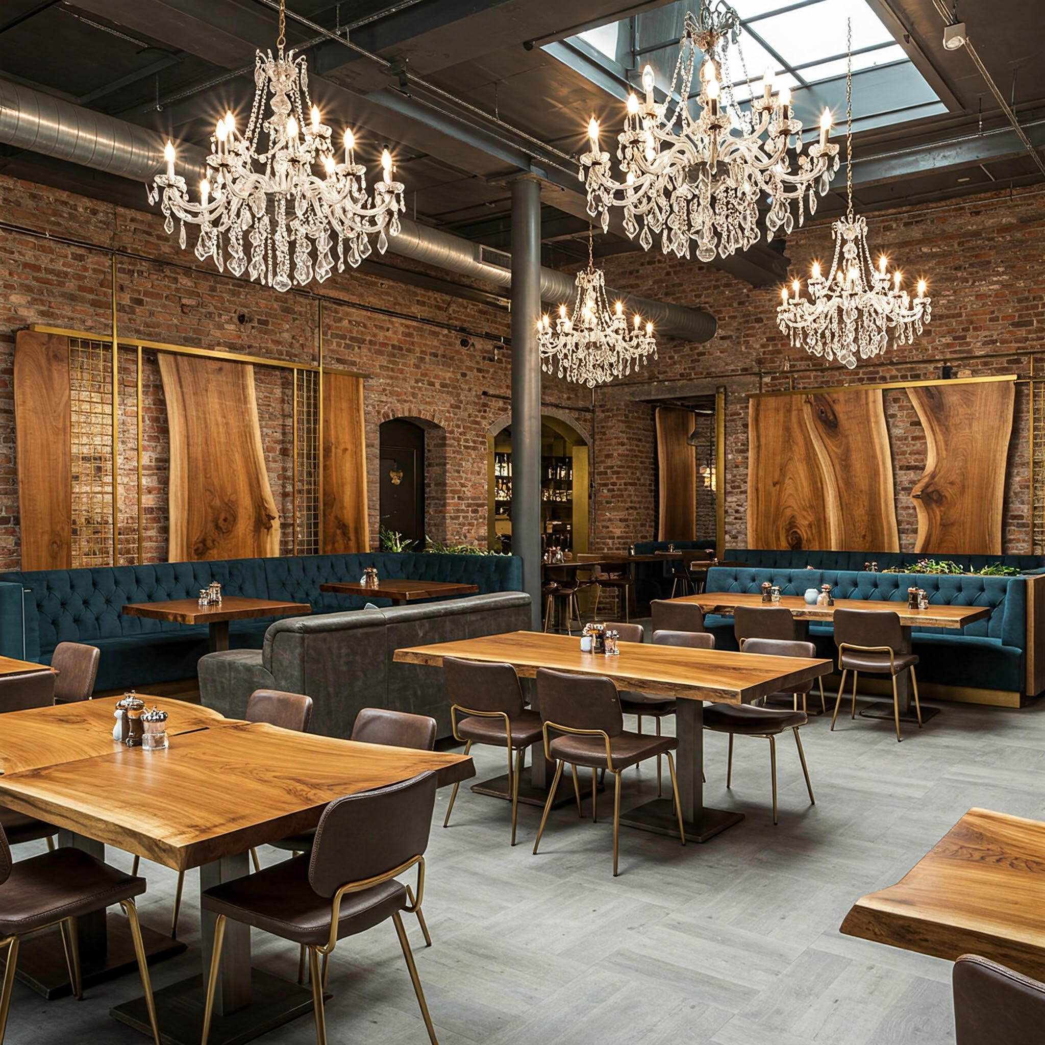 A unique restaurant design where live edge tables are complemented by matching, large-scale suar wood wall panels.