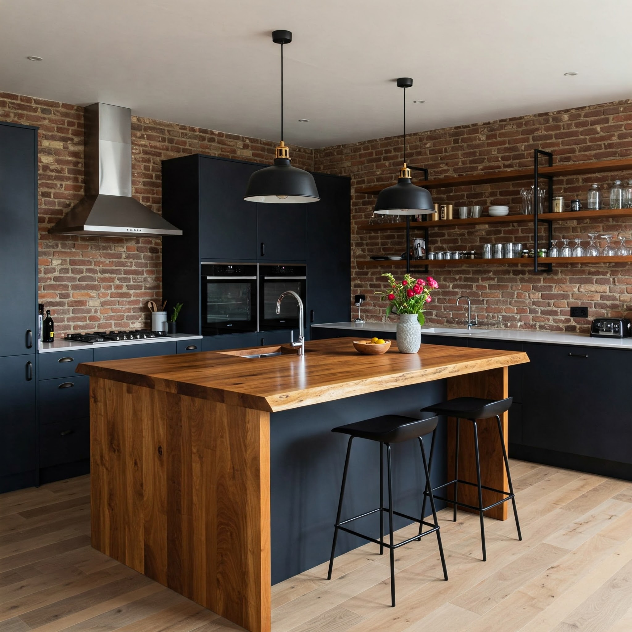 A luxury industrial kitchen's focus is a waterfall island with a live edge suar top and dark blue cabinets.