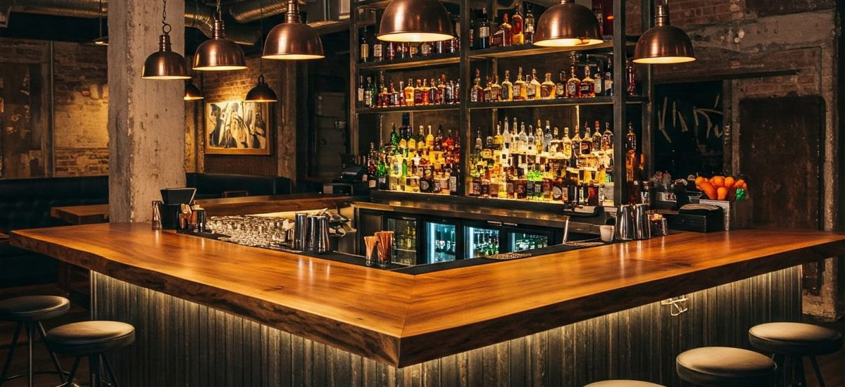 A luxury industrial-chic bar with a U-shaped, solid wood top, set within a bespoke, moody boutique venue.