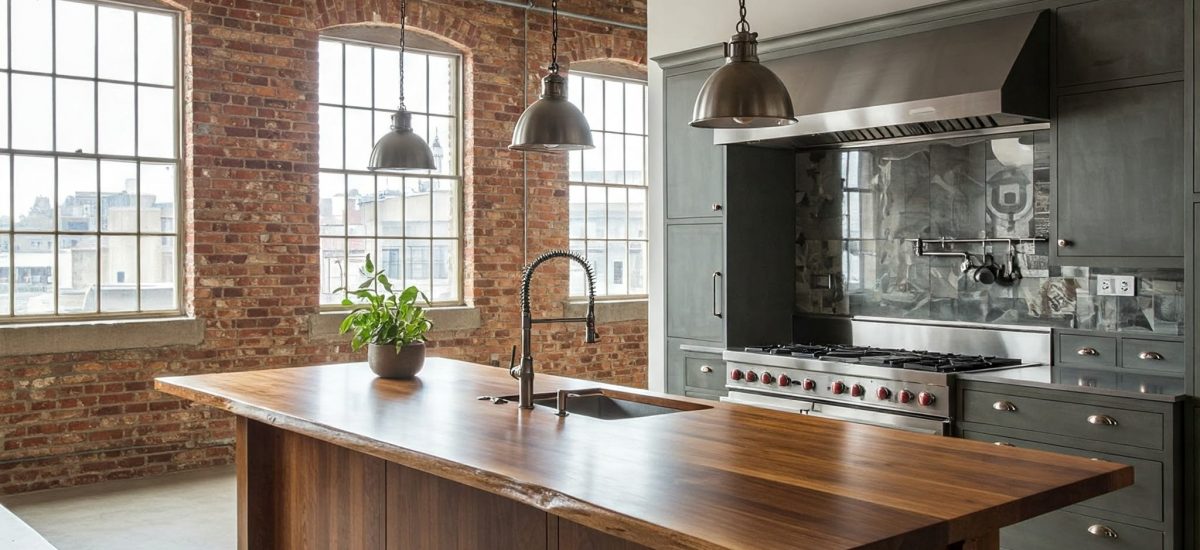 A luxury transitional kitchen's focus is the thick live edge island, featuring a suar wood top with a prep sink.