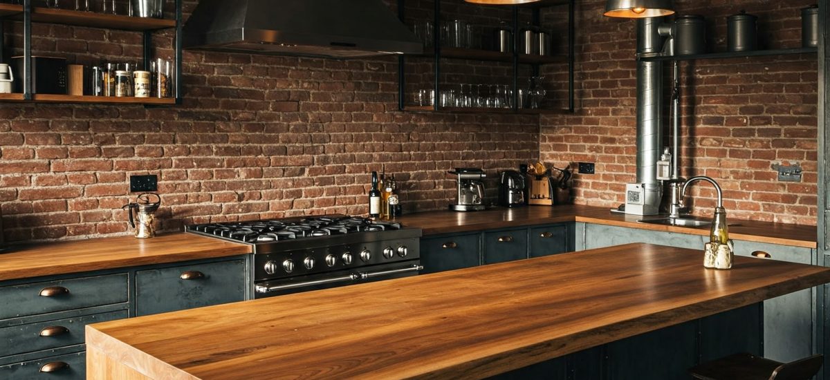Bespoke waterfall kitchen island with a continuous grain wood top, the centerpiece of a luxury industrial kitchen.
