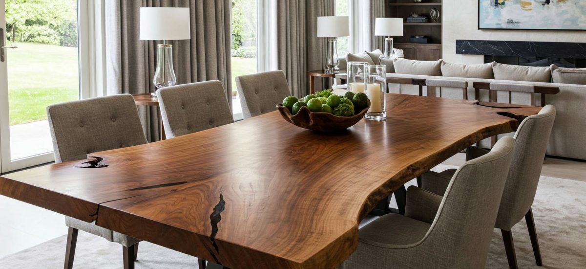 An 8-seater live edge dining tabletop featuring deep, kintsugi-style filled fissures that trace across the warm suar wood like dark rivers.