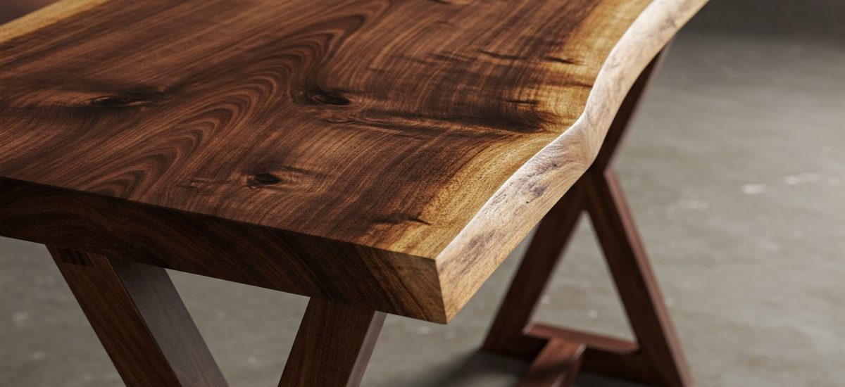 A live edge console table with a dramatic, river-of-grain pattern, showcasing rich chocolate and honey tones in the suar wood.