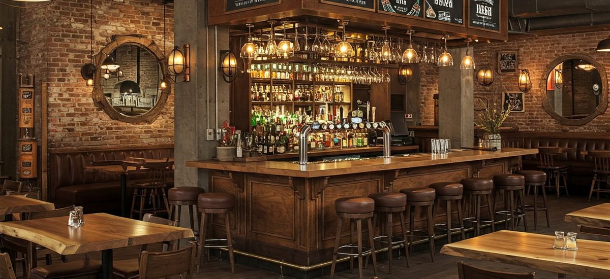 A luxury classic pub with industrial touches, featuring bespoke live edge tables and a traditional wood bar.