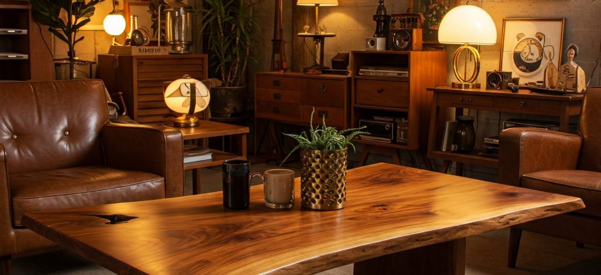 A mid-century modern style live edge table with a rich, warm grain, a subtle butterfly inlay, and a smooth satin finish.