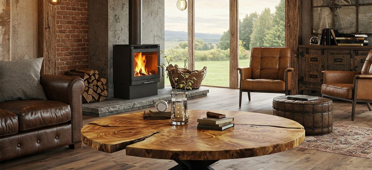 A large, round tree-slice coffee tabletop featuring a beautiful swirling grain and two deep, natural fissures.