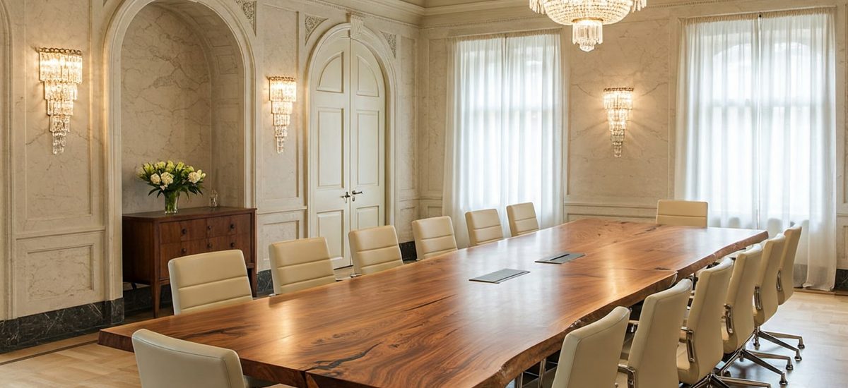 A unicorn-grade, 14-seater live edge boardroom tabletop of suar wood with two discreet technology integration ports.