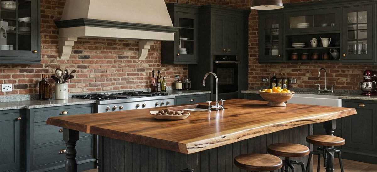 Luxury rustic-industrial kitchen with exposed brick, charcoal shaker cabinets, and a thick live edge island.